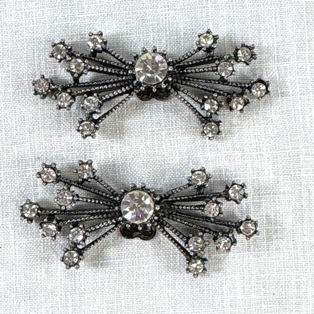 Vintage Gunmetal Rhinestone Starburst Shoe Clips Set Clear Crystal Sunburst Bow